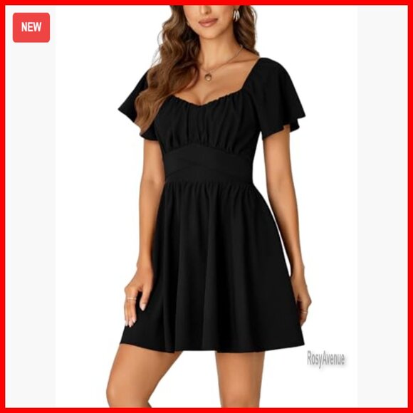 Mini Dress with Tie Back Square Neck Ruffle Hem Short Sleeve Flowy - Picture 3 of 7